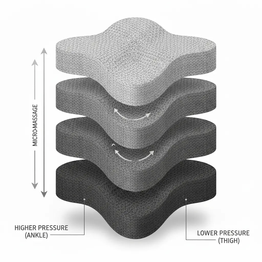 Schéma : zones de compression 3D - montrant la pression graduée de la cheville à la cuisse