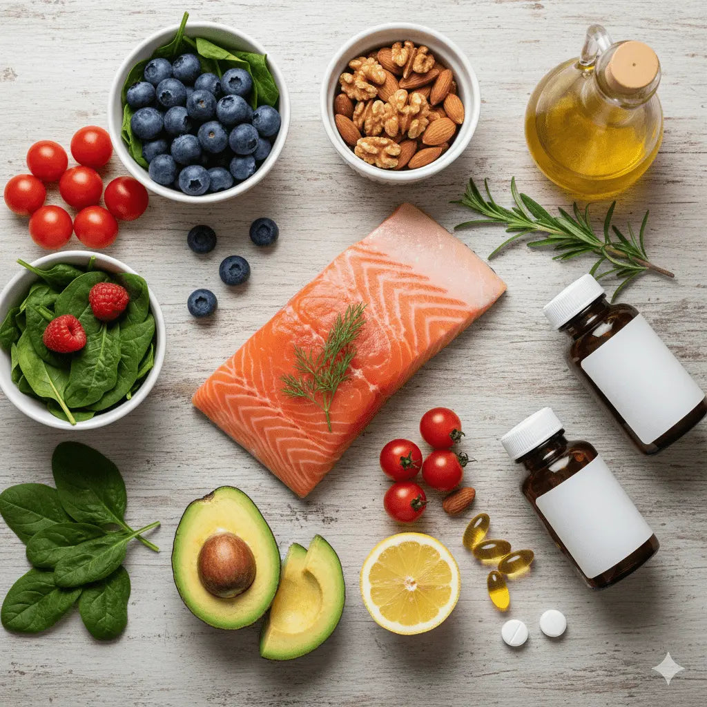 Aliments anti-inflammatoires sains et flacons de suppléments