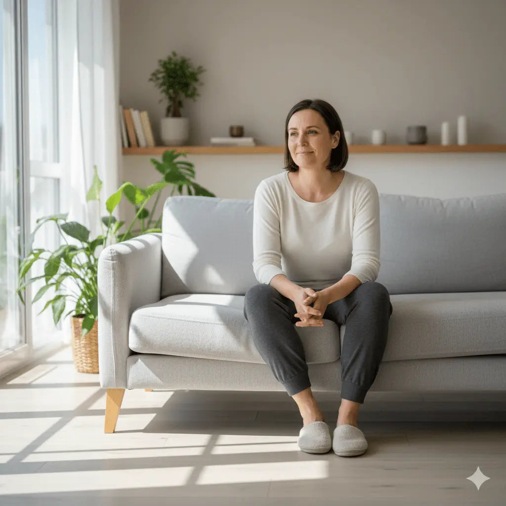 Femme assise dans un salon lumineux et aéré, confiante et à l'aise